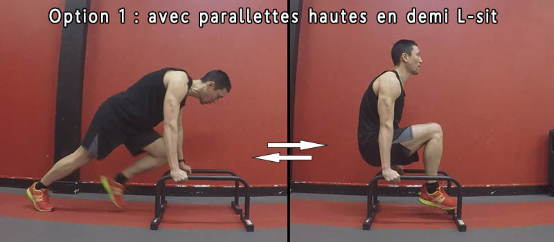 Tabata Moutain Climber et demi L-sit, parallettes hautes