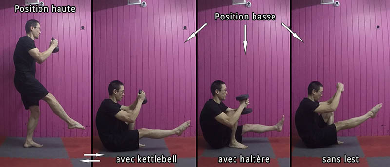 Squat sur une jambe lesté fesses au sol, les positions